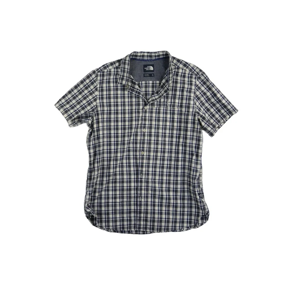 The North Face Button Up Shirt Men's Size XL Navy White Plaid 100% Cotton Pocket